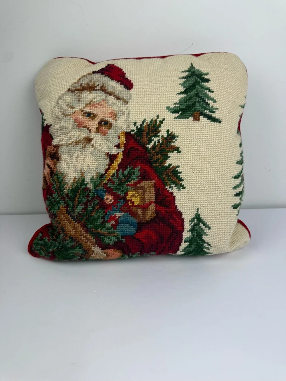 VTG Hand-Stitched Santa Needlepoint Throw Pillow Red Velvet Christmas